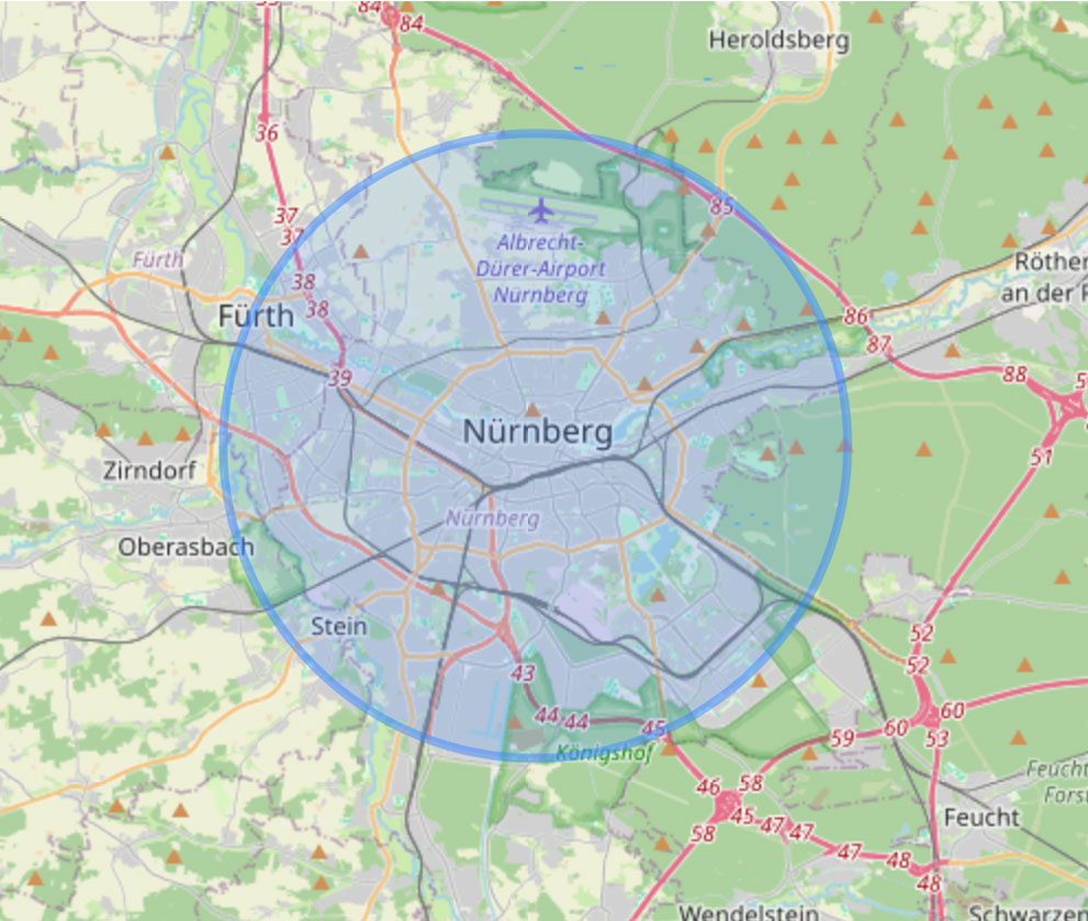 Beispielhafter Einsatzradius: bis 7 km Radius